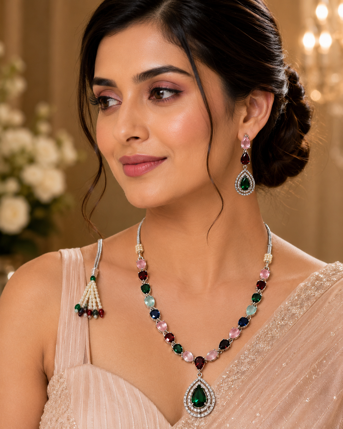 Elegant Multicolor Gemstone Necklace & Earring Set