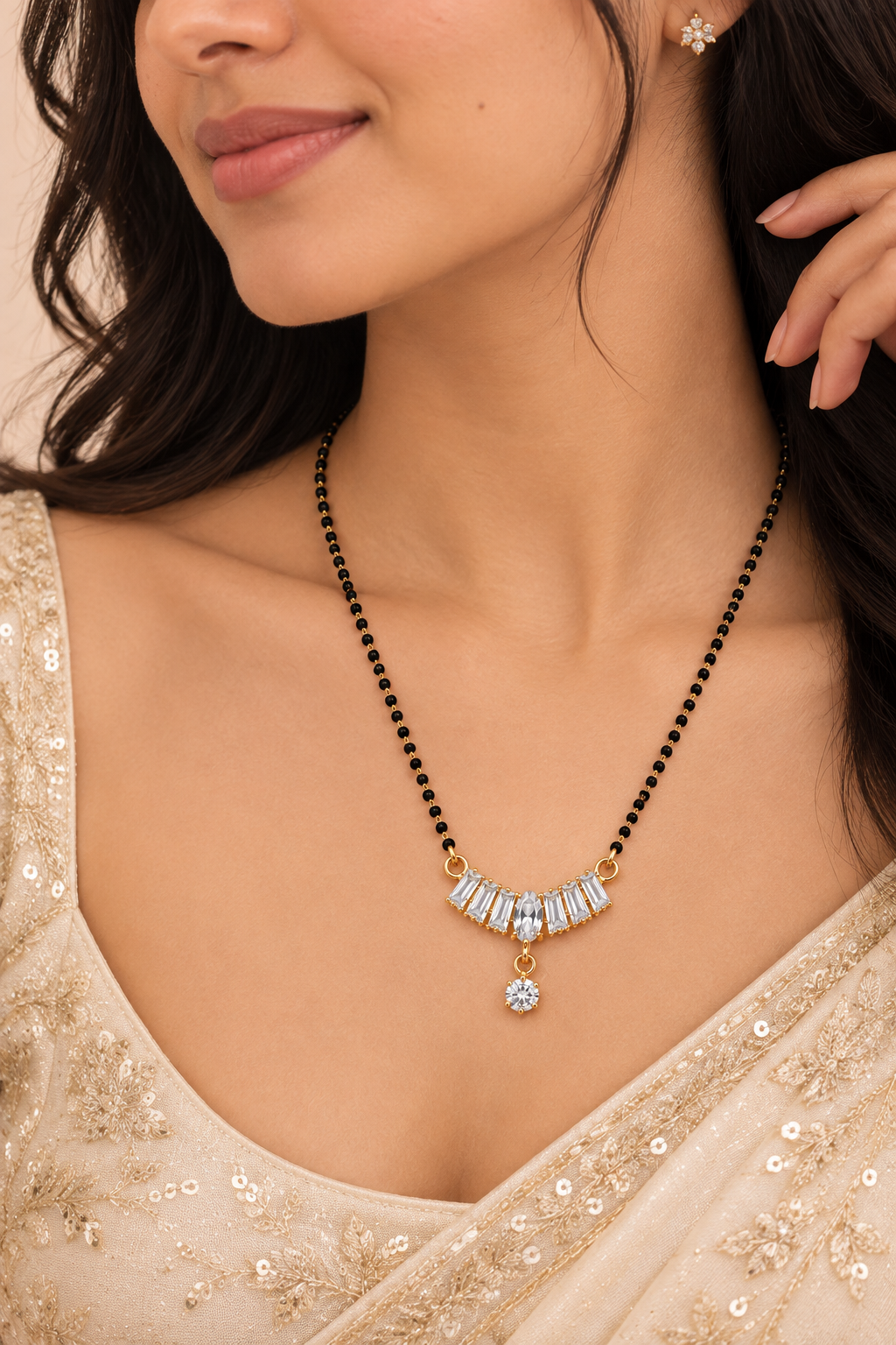 Premium Black Beaded Mangalsutra with Crystal Fan Pendant