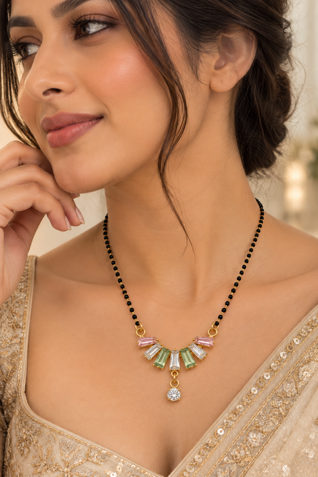 Gold-Toned Multicolour Stone Mangalsutra Necklace
