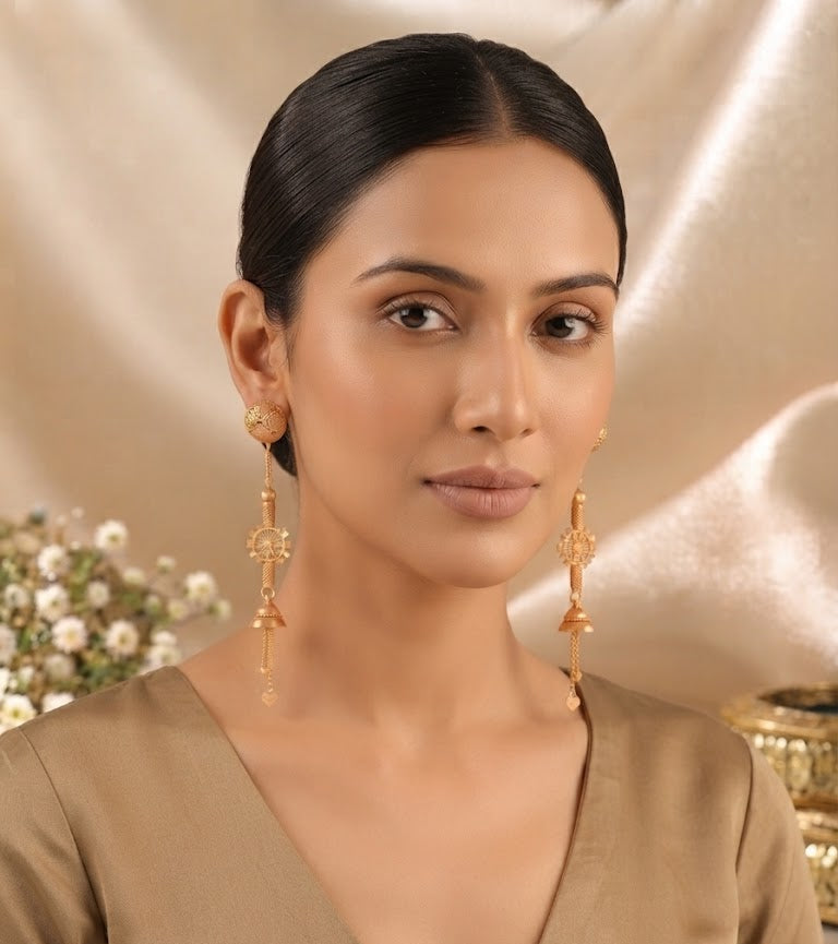 Premium Gold-Toned Ornamental Long Chain Drop Earrings