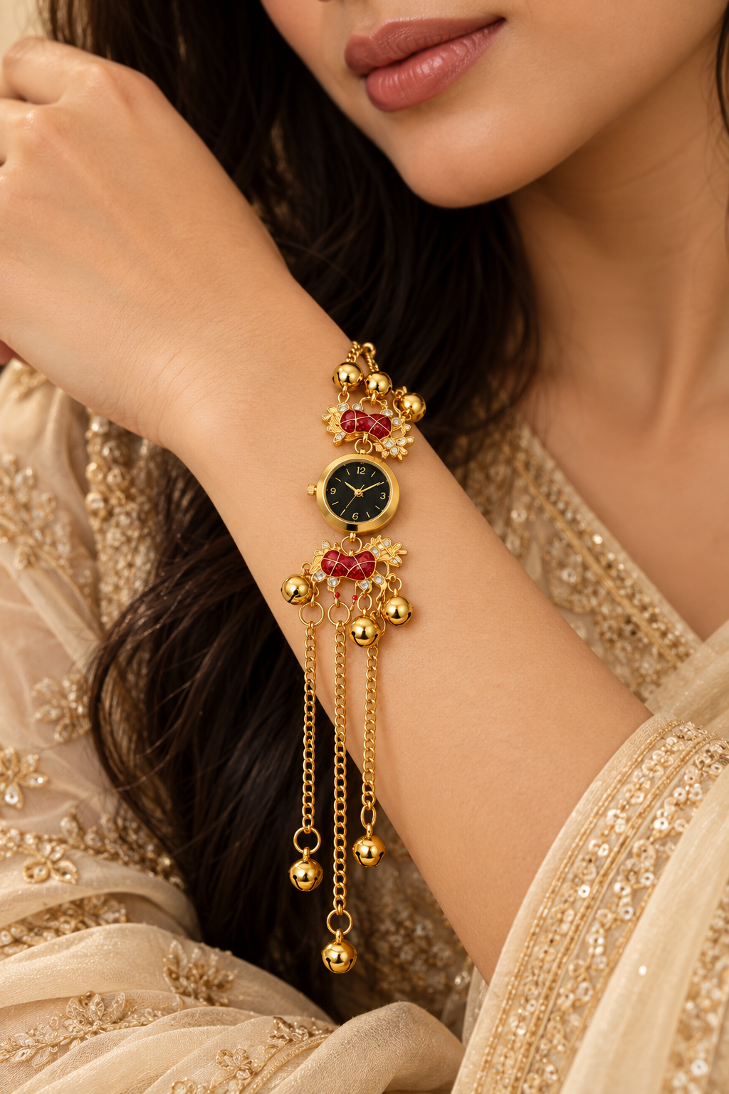 Elegant Gold-Toned Pendant Watch with Red Bow Accents