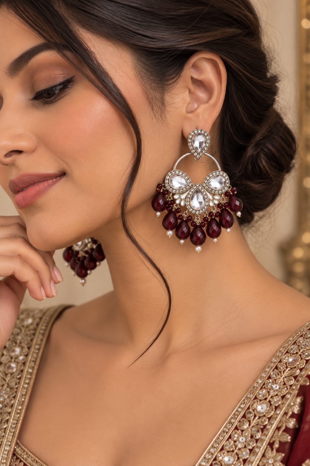 Premium Silver-Toned Crystal & Burgundy Chandelier Statement Earrings
