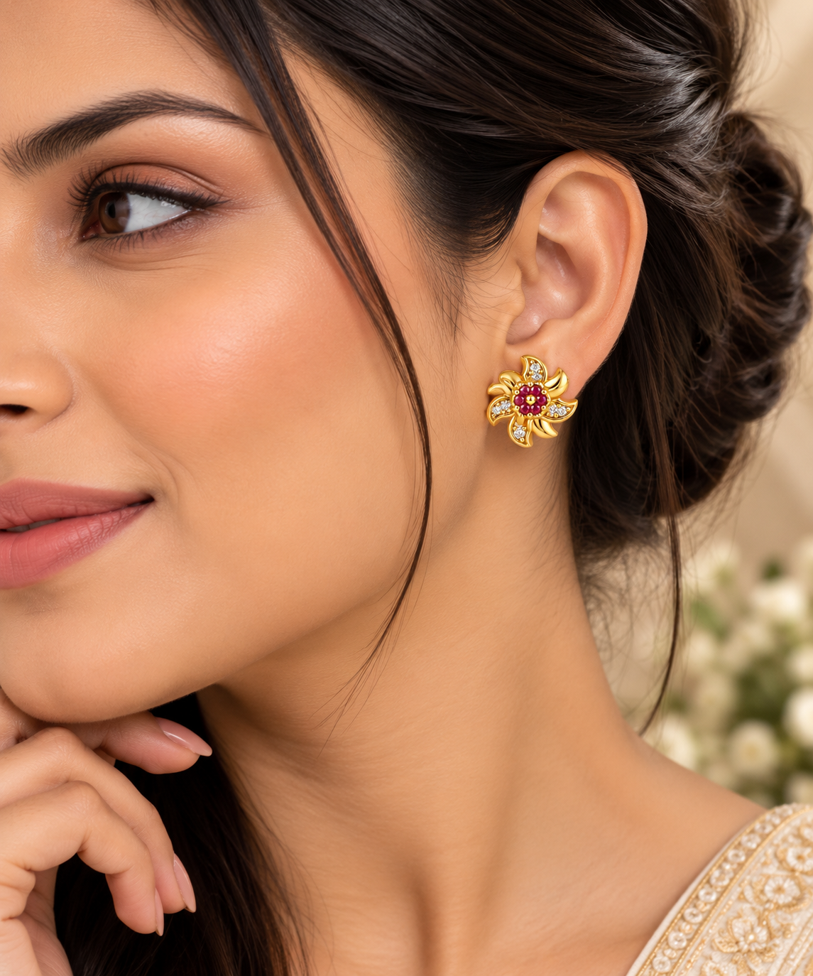 Gold-Toned Floral Ruby Stud Earrings