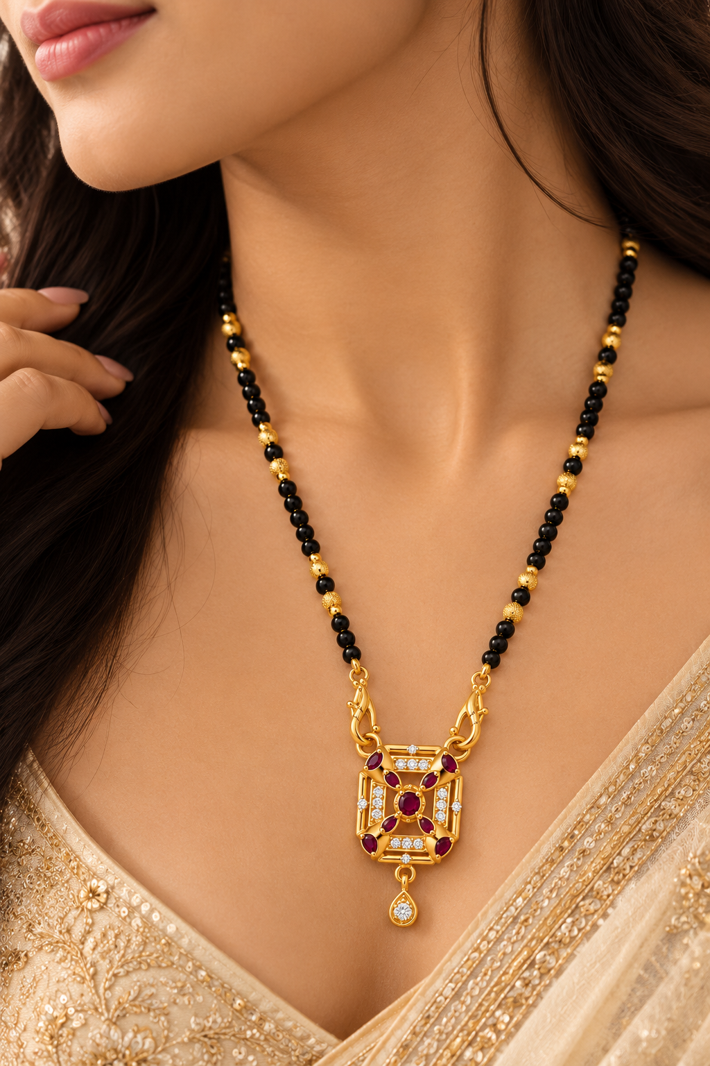 Elegant Black-Beaded Mangalsutra with Maroon Stone Pendant