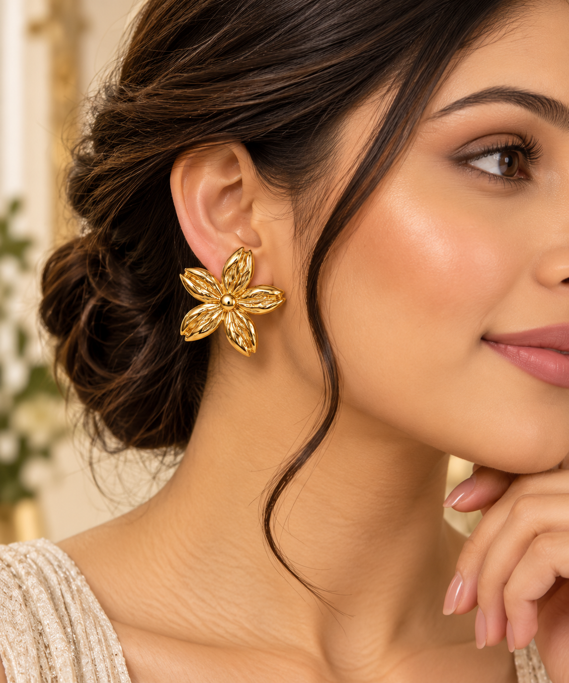 Gold-Toned Floral Statement Stud Earrings