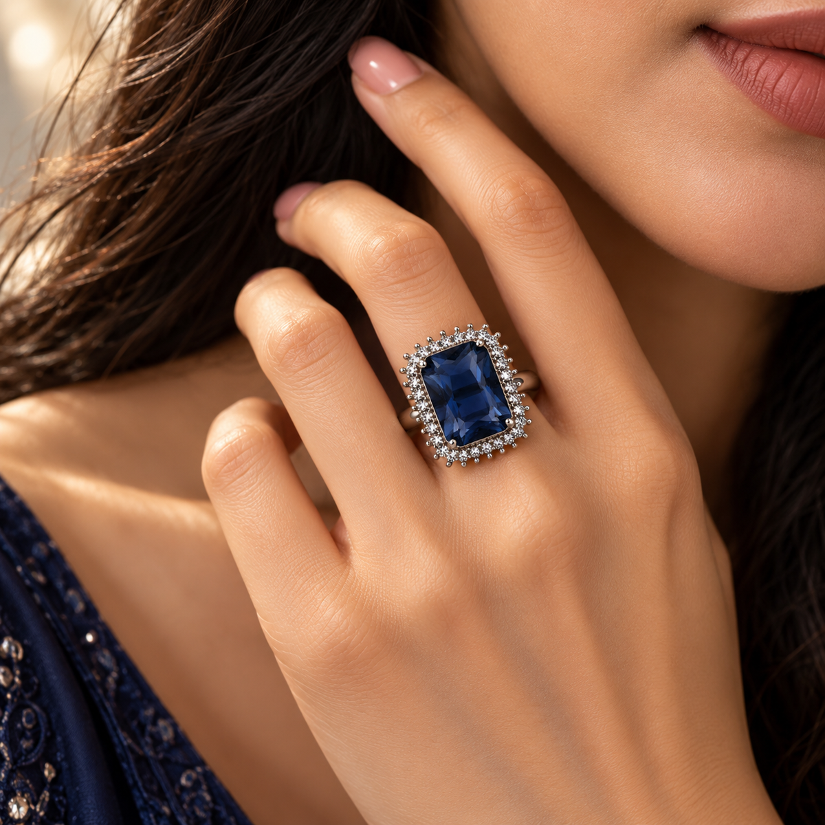 Silver-Toned Deep Blue Rectangle Statement Ring