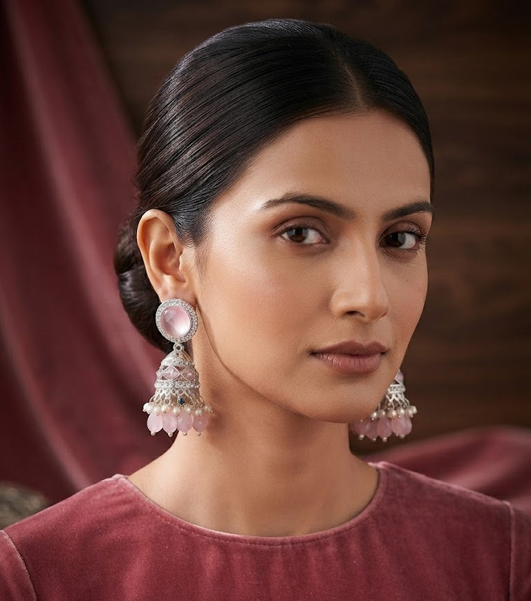 Premium Pink Crystal Jhumka Earrings
