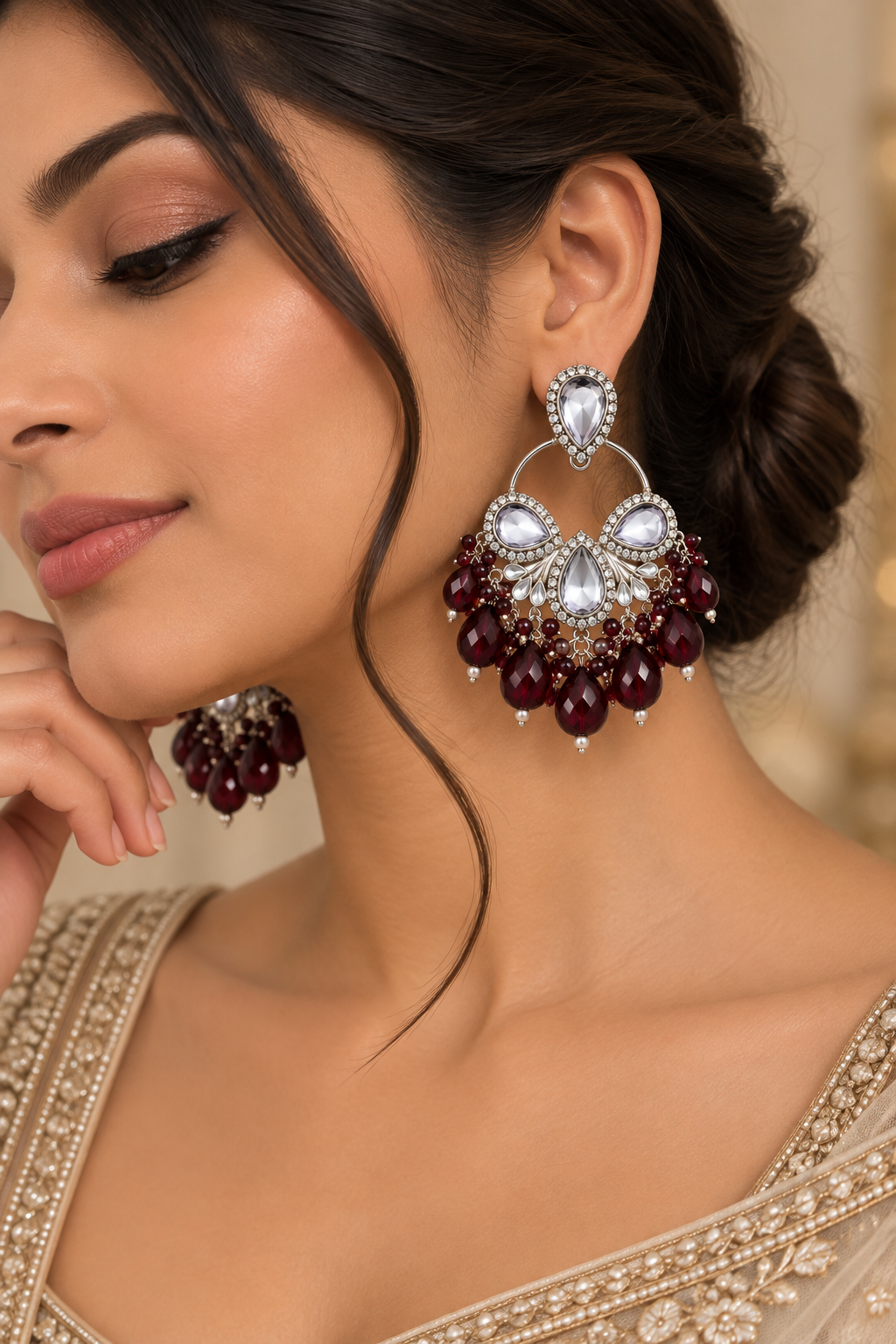 Premium Silver-Toned Burgundy Crystal Chandelier Statement Earrings
