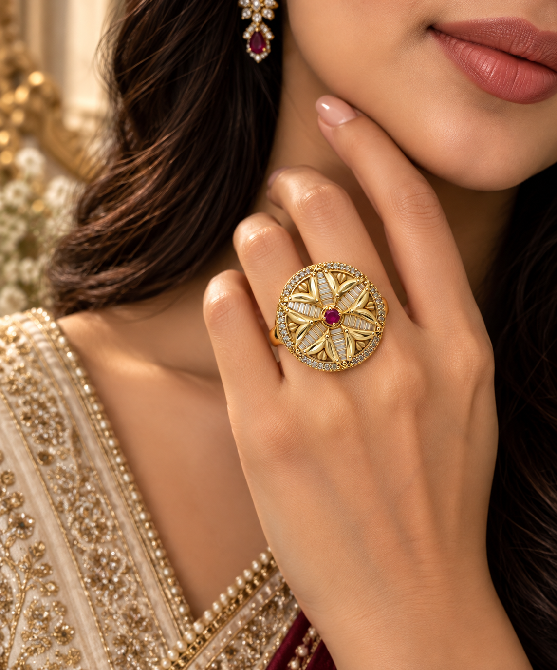 Premium Gold-Toned Ruby Floral Statement Ring