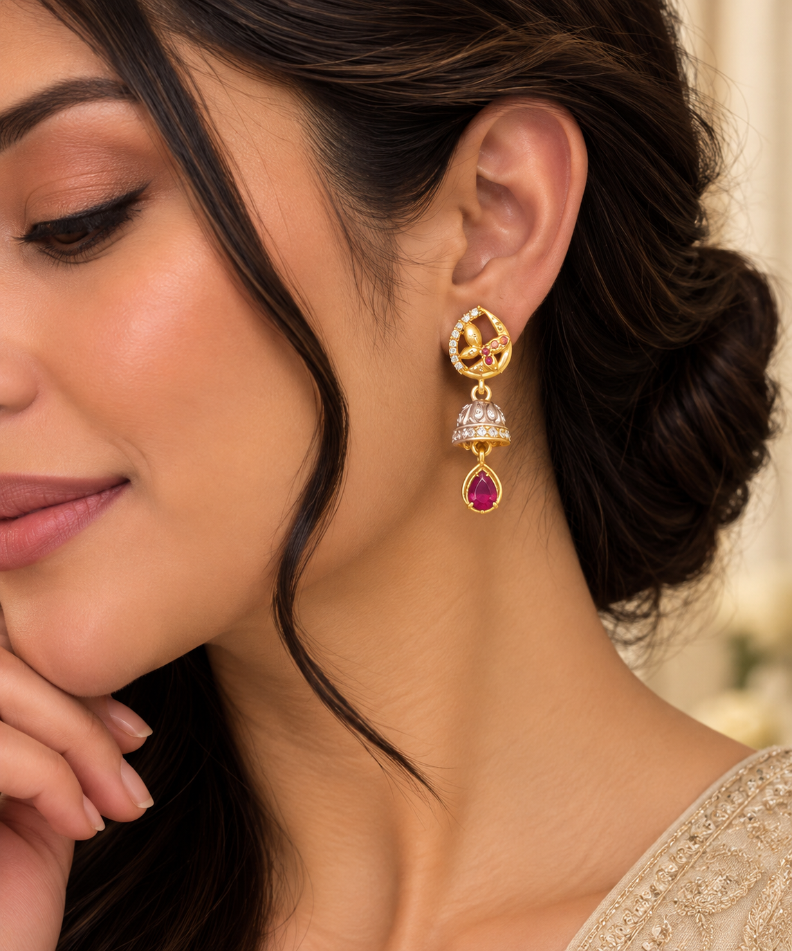 Premium Gold-Toned Jhumka Drop Earrings with Ruby Accents