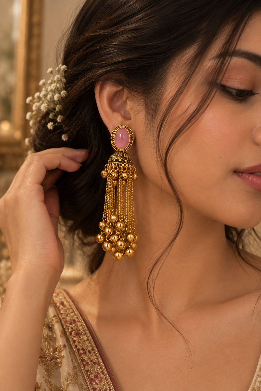 Premium Gold-Toned Pink Stone Long Chain Jhumka Earrings