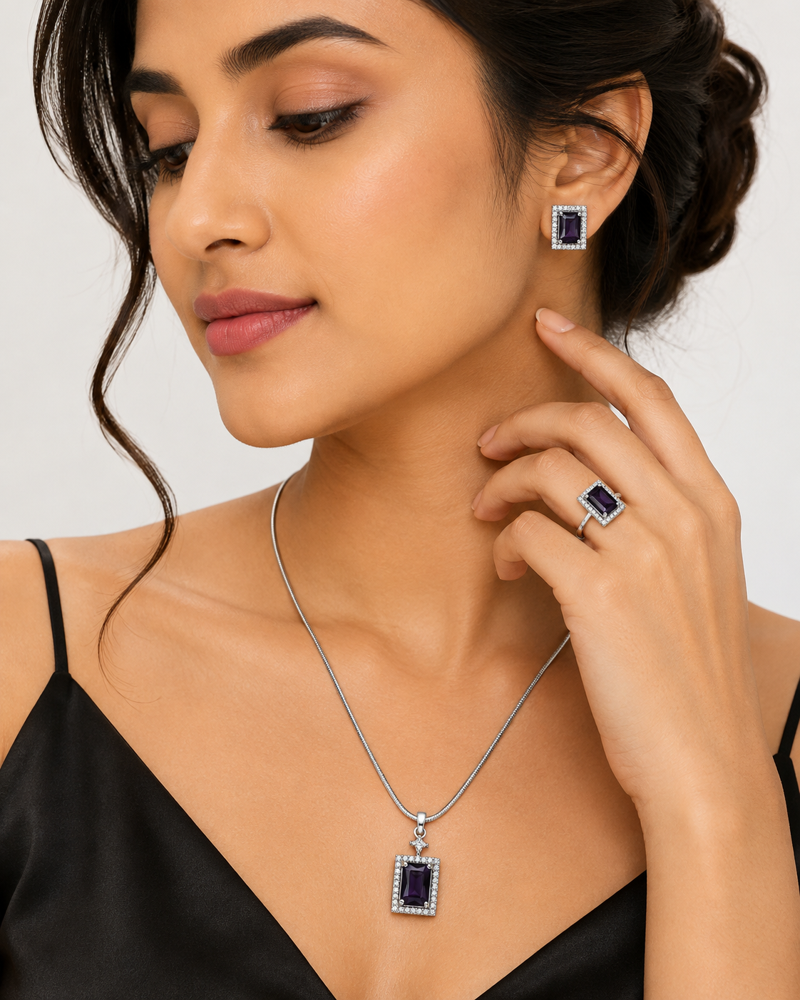 Amethyst Purple Silver-Toned Pendant Set