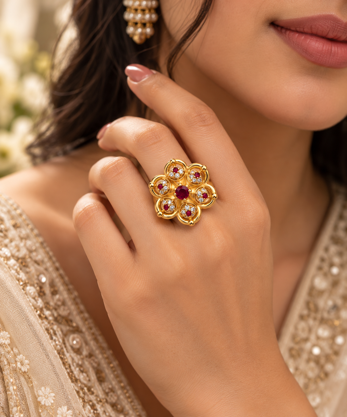 Premium Gold-Toned Floral Ruby Ring