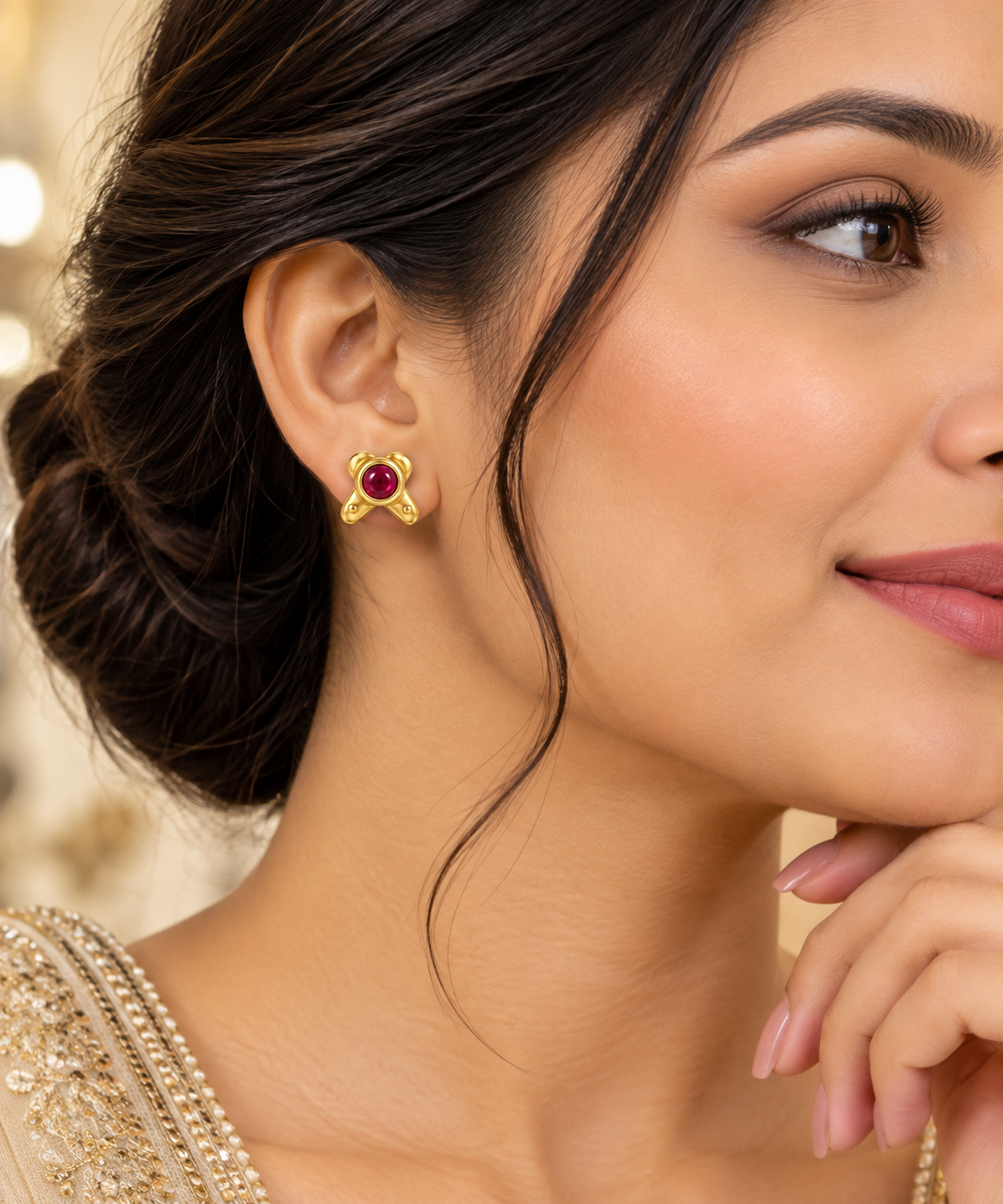 Gold-Toned Ruby Geometric Stud Earrings