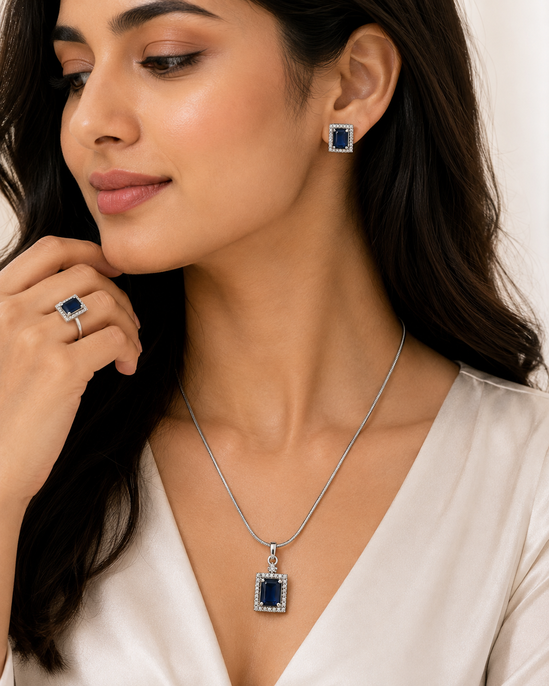 Elegant Midnight Blue Silver-Toned Pendant Set
