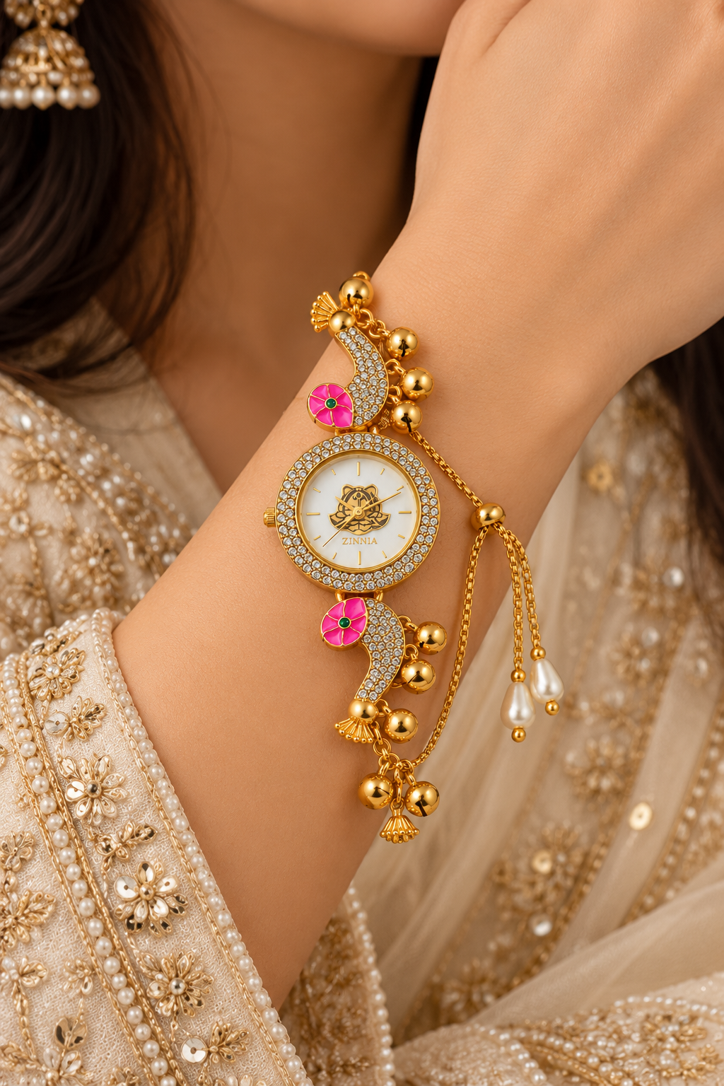 Gold-Toned Floral Bracelet Watch