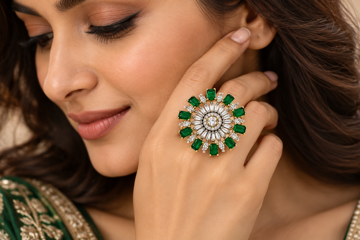 Emerald Green Floral Sunburst Statement Ring
