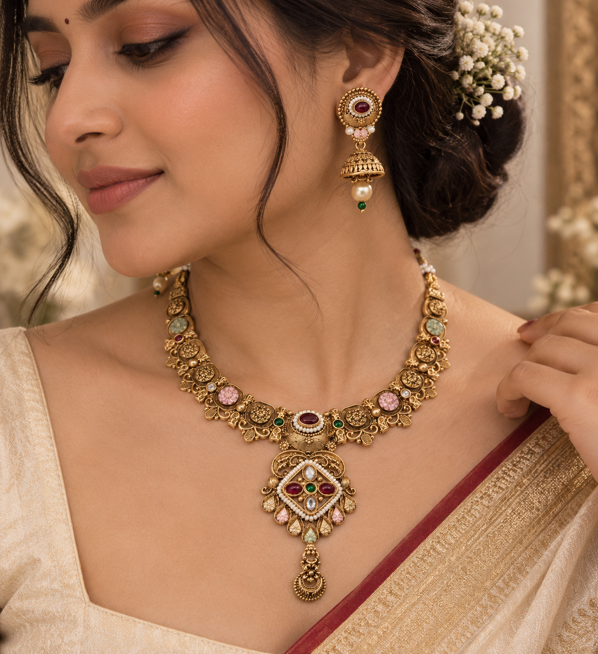 Premium Gold-Toned Traditional Multicolor Necklace & Earring Set