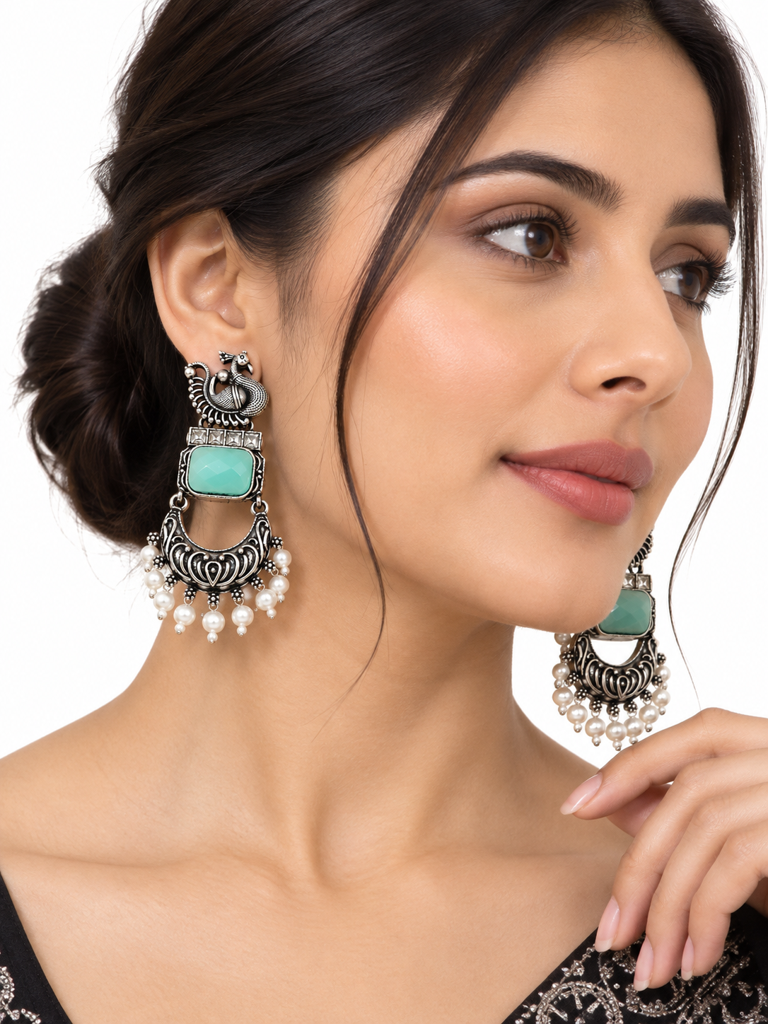 Antique Silver-Toned Teal Stone Peacock Statement Earrings