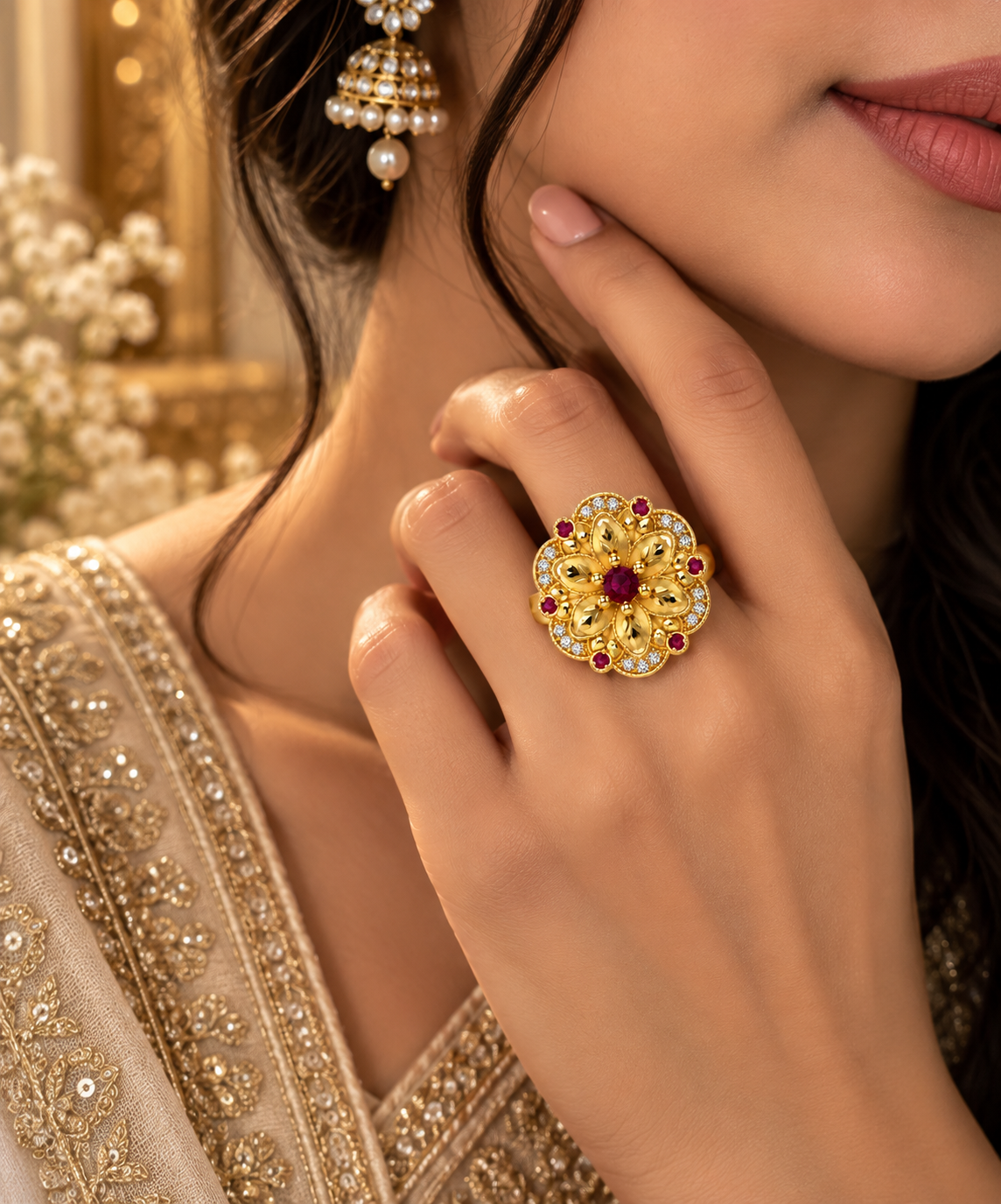 Premium Gold-Toned Floral Ruby Ring