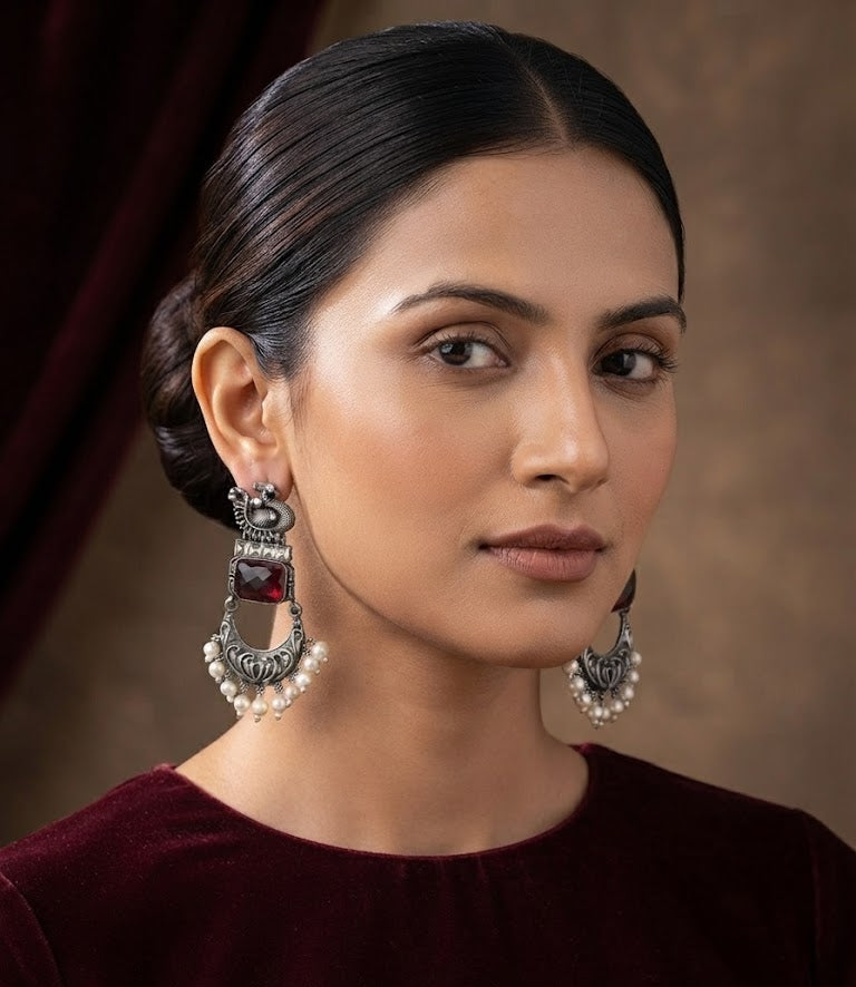 Premium Black Koyal Oxidized Silver Peacock Chandbali Earrings