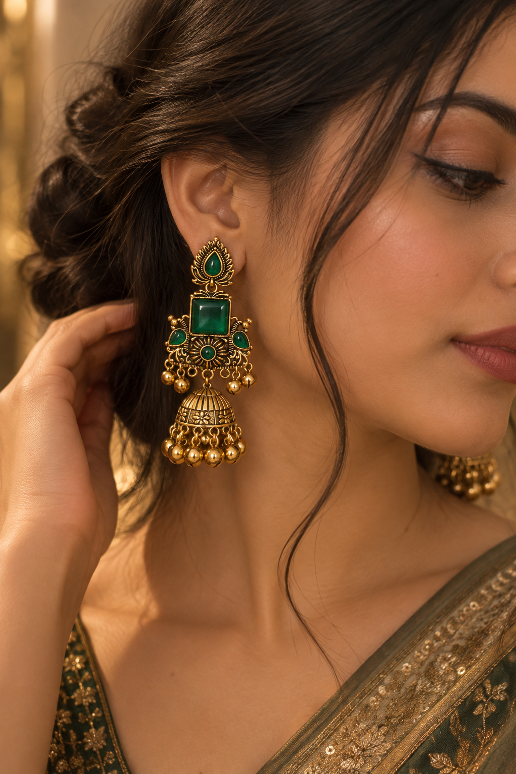 Premium Gold-Toned Green Stone Traditional Jhumka Earrings