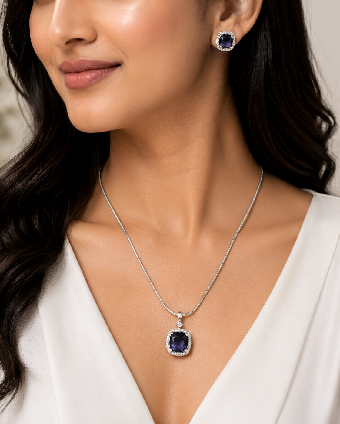 Deep Blue Silver-Toned Pendant Set