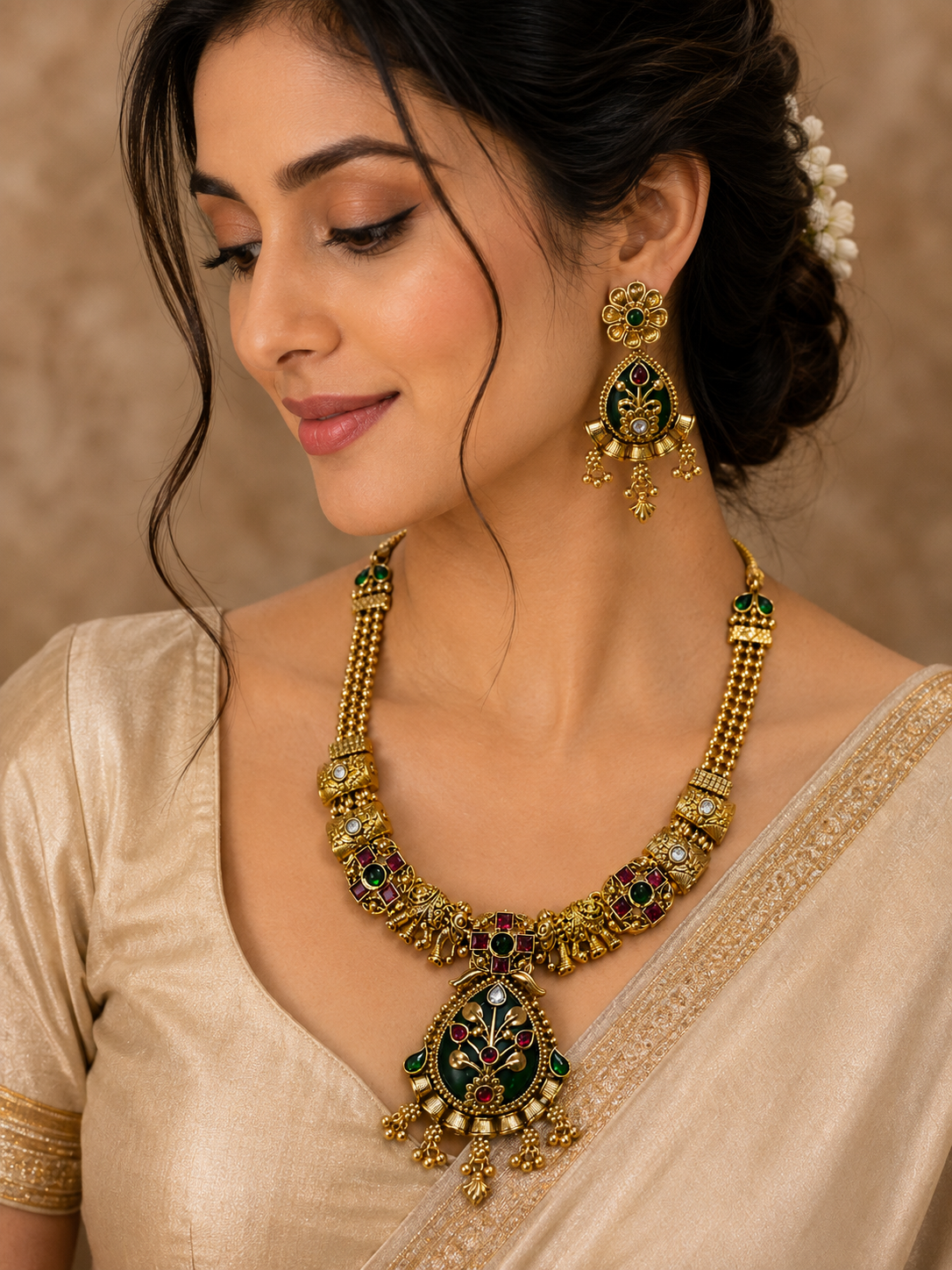 Heritage Green & Maroon Kundan Necklace & Jhumka Set