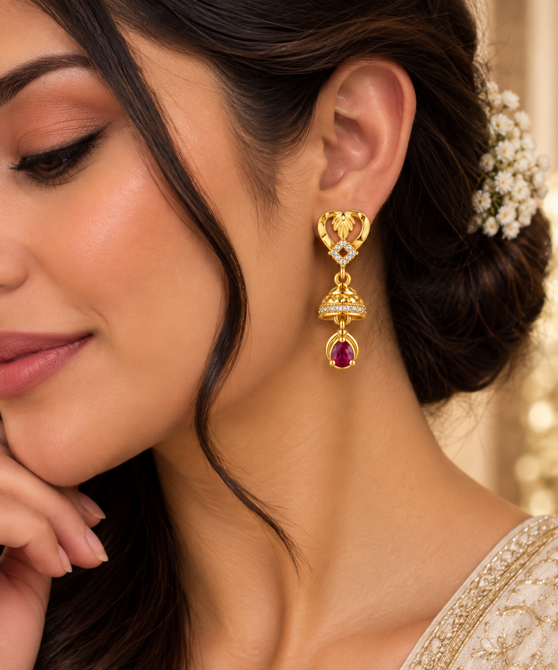 Gold-Toned Ruby Jhumka Drop Earrings