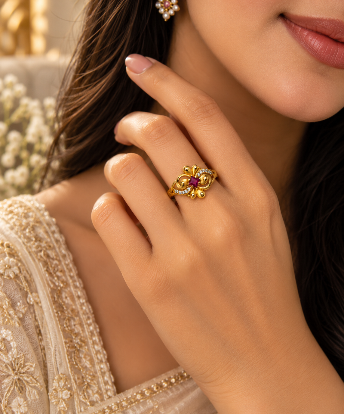Gold-Toned Ruby Floral Ring