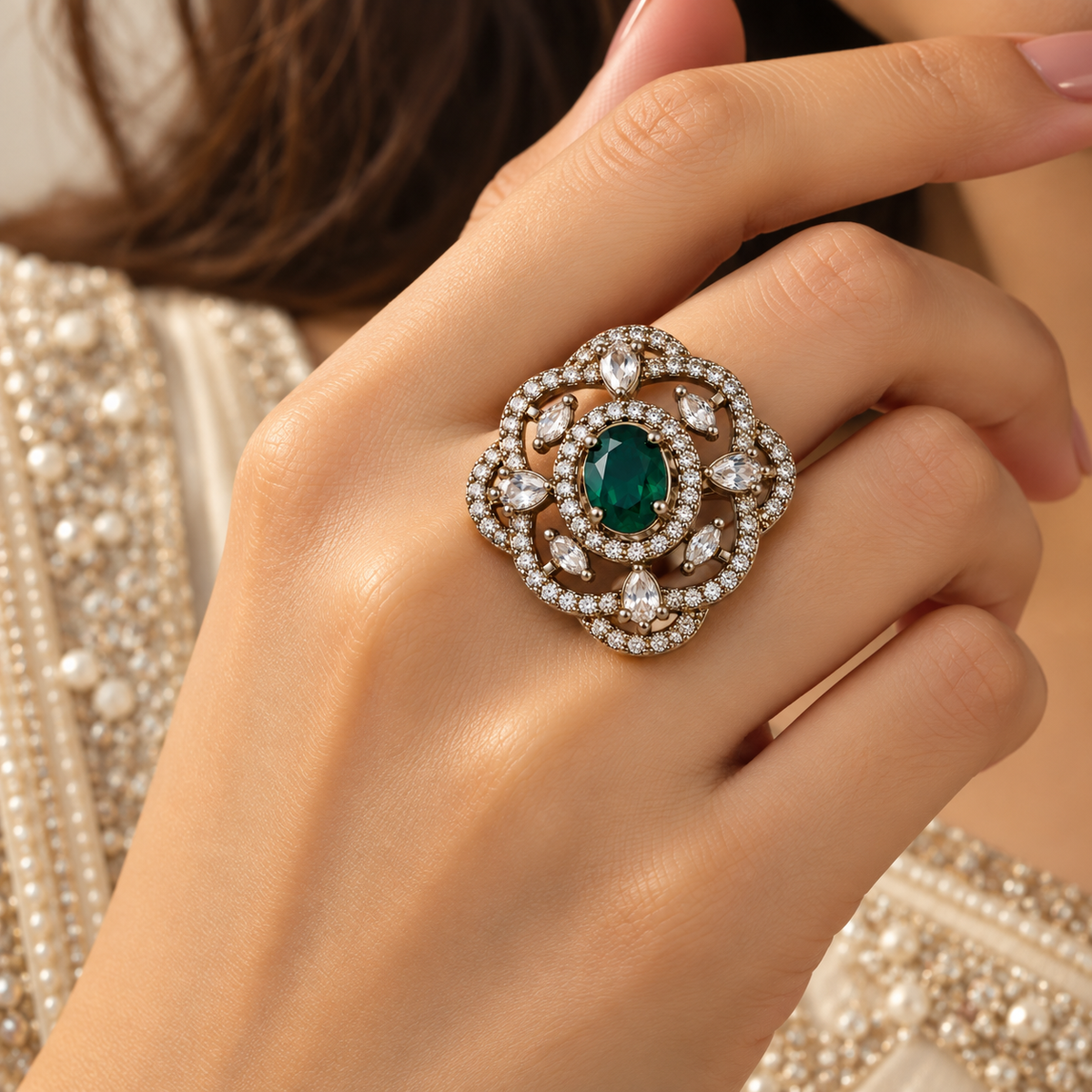 Silver-Toned Green Stone Floral Statement Ring
