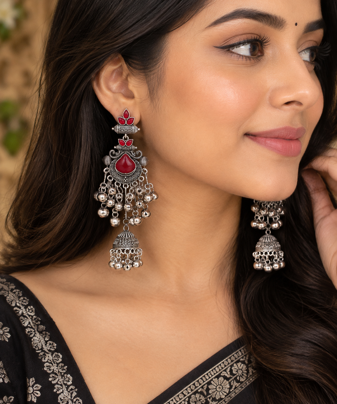 Premium Oxidized Silver-Toned Red Stone Chandelier Jhumka Earrings