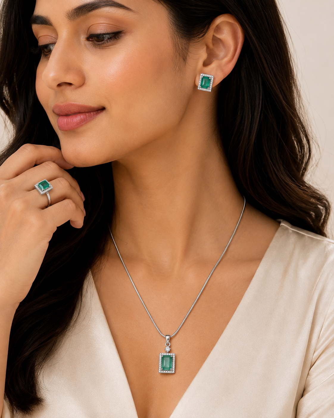 Elegant Mint Green Silver-Toned Pendant Set