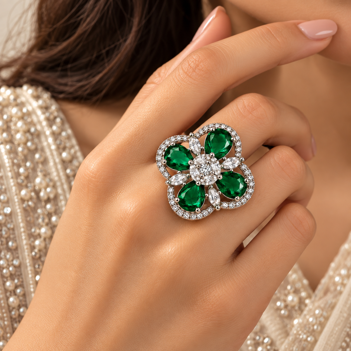Silver-Toned Green Floral Statement Ring