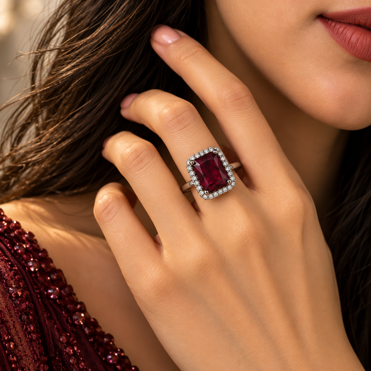 Silver-Toned Deep Red Rectangle Statement Ring