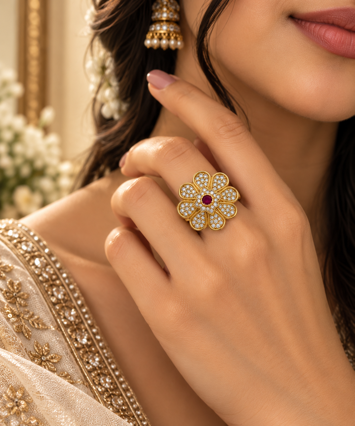 Gold-Toned Floral Ruby Statement Ring