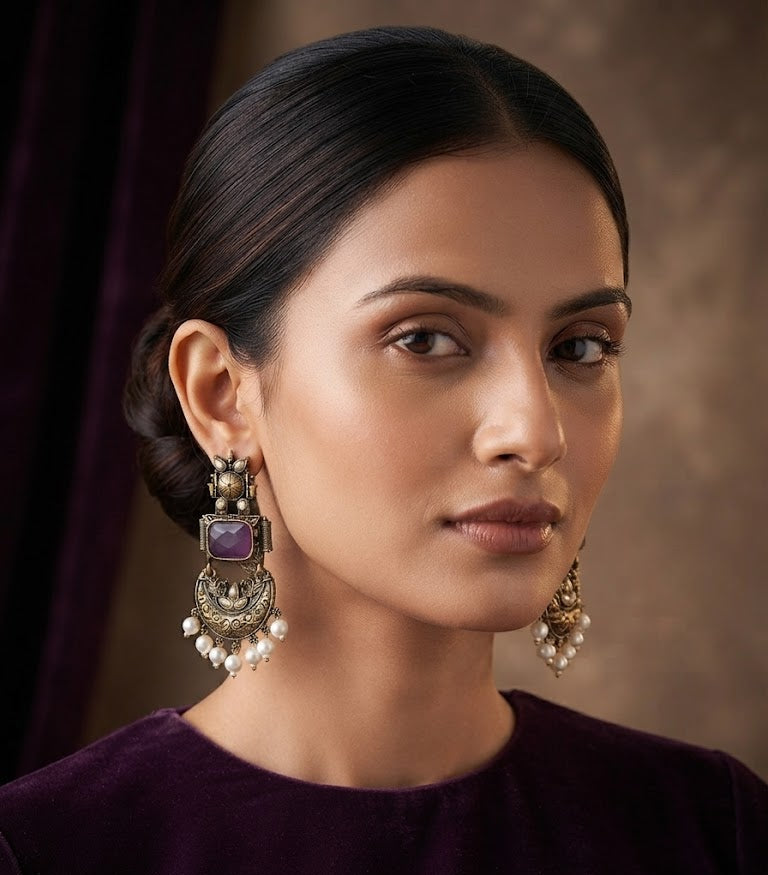 Premium Purple Crystal Antique Gold Chandbali Earrings