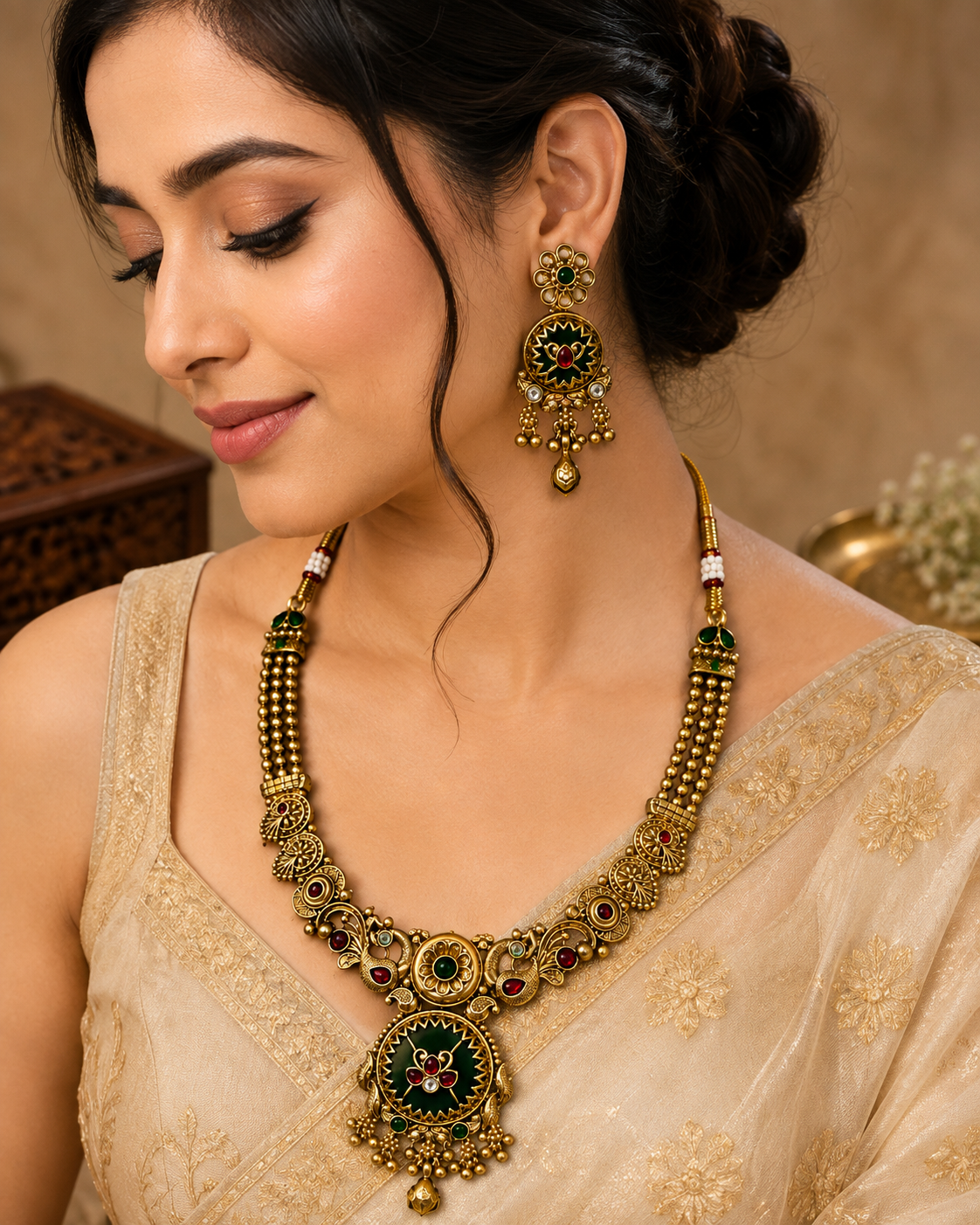 Heritage Emerald & Ruby Temple Necklace & Jhumka Set