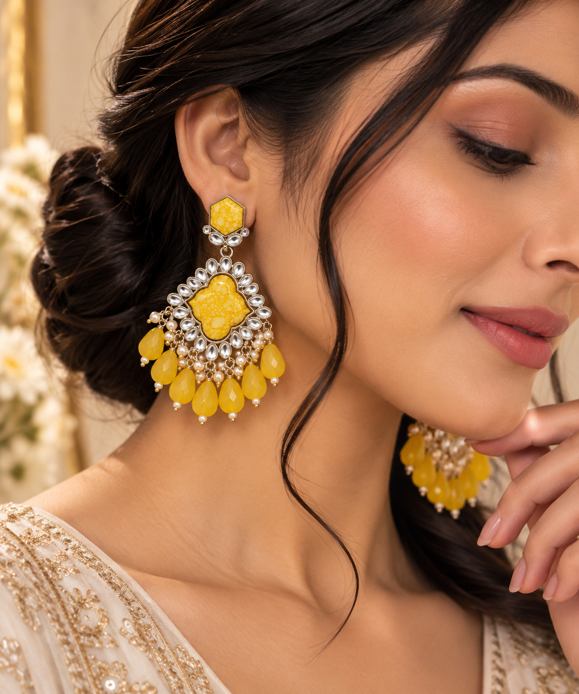 Premium Silver-Toned Yellow Stone Chandelier Earrings
