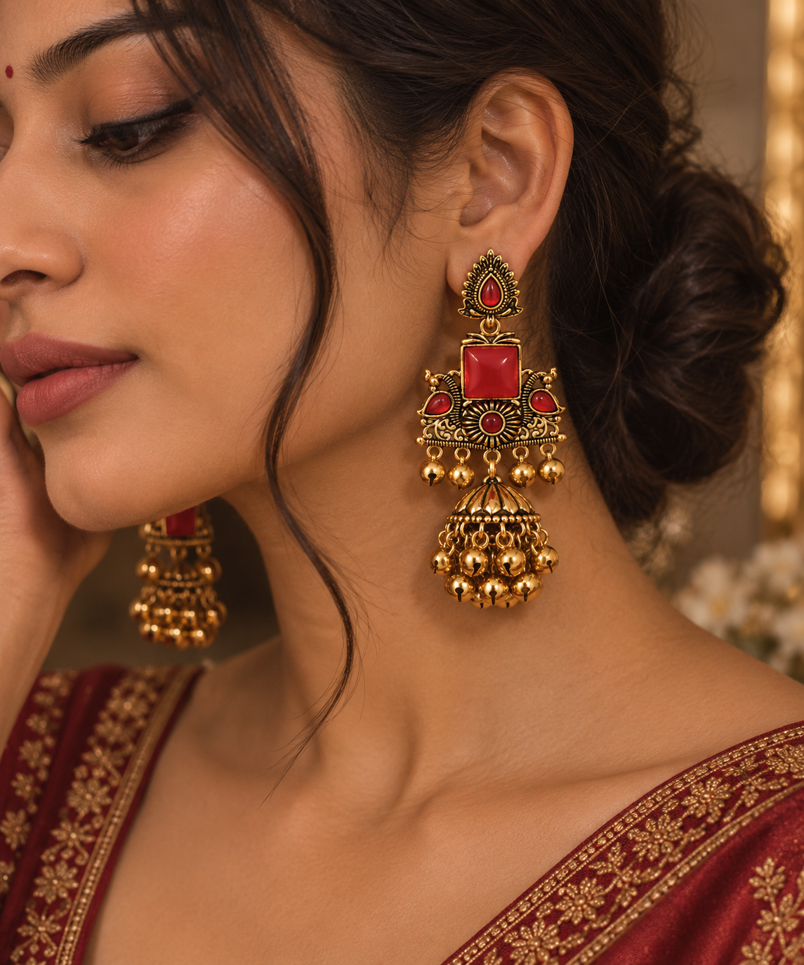 Premium Antique Gold-Toned Red Stone Chandelier Jhumka Earrings
