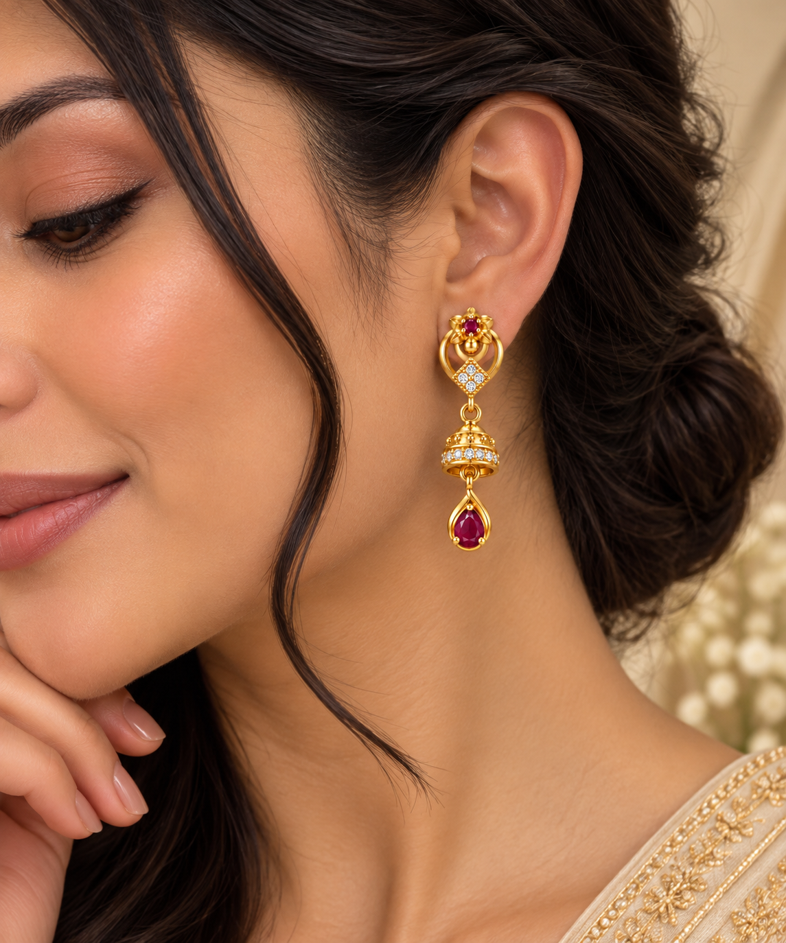 Gold-Toned Ruby Drop Earrings