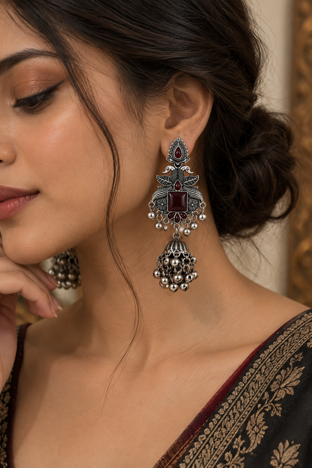 Premium Oxidized Silver-Toned Peacock Design Red Stone Jhumka Earrings