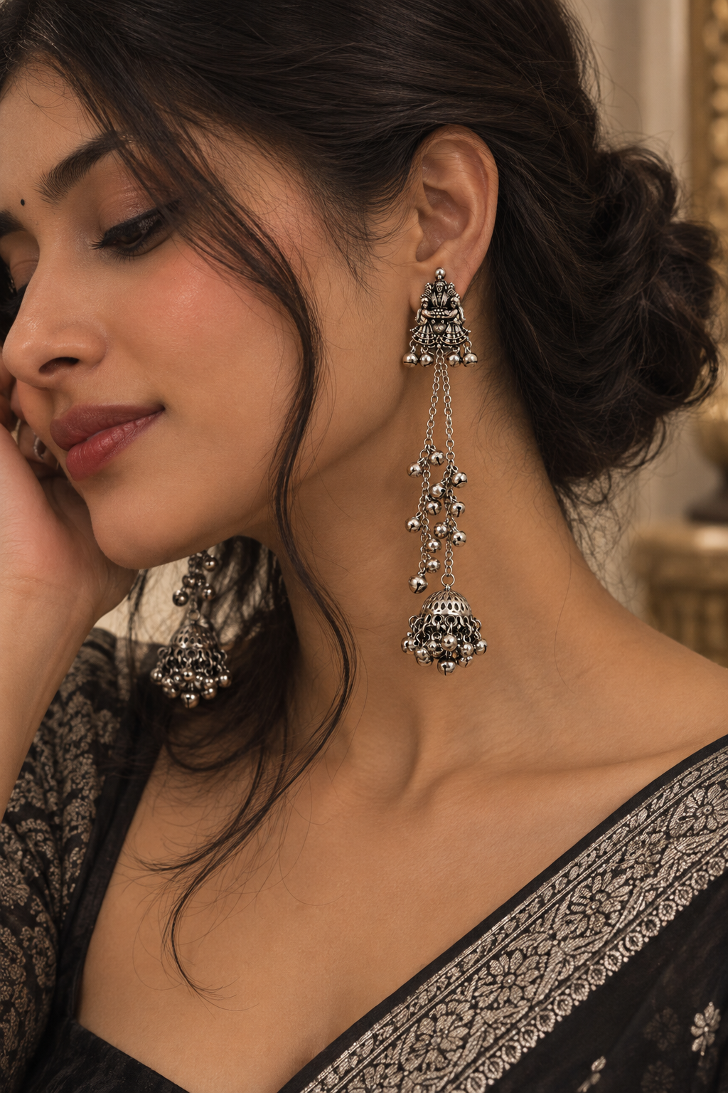 Premium Oxidized Silver Long Chain Jhumka Earrings with Traditional Bell Embellishments