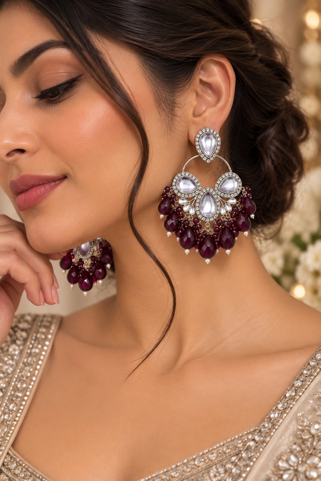 Premium Silver-Toned Burgundy Crystal Chandelier Statement Earrings