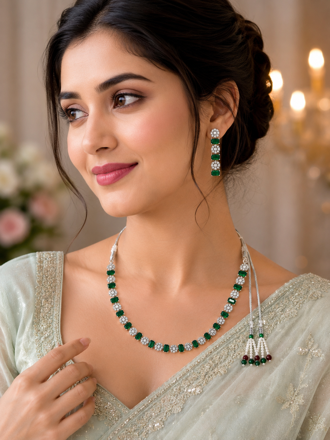 Silver-Toned Emerald Green Stone Necklace Set