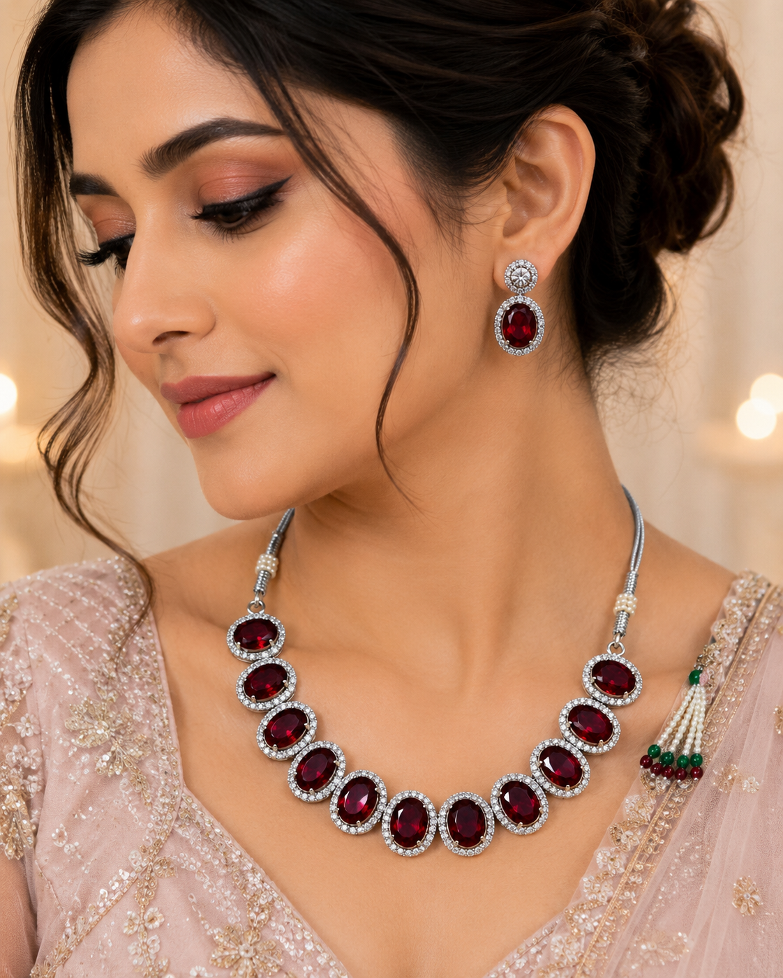 Elegant Silver-Toned Deep Red Stone Necklace & Earring Set