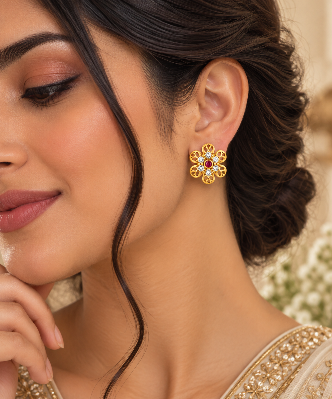 Premium Gold-Toned Floral Stud Earrings with Ruby Accents