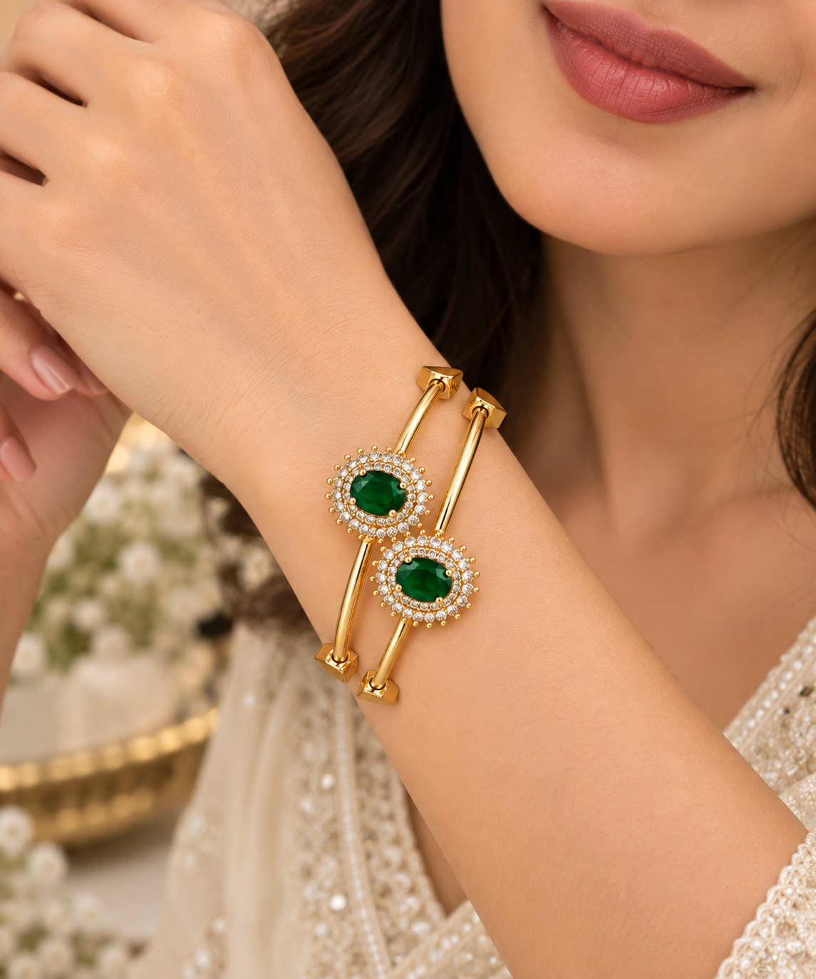 Gold-Toned Green Stone Double-Band Bracelet