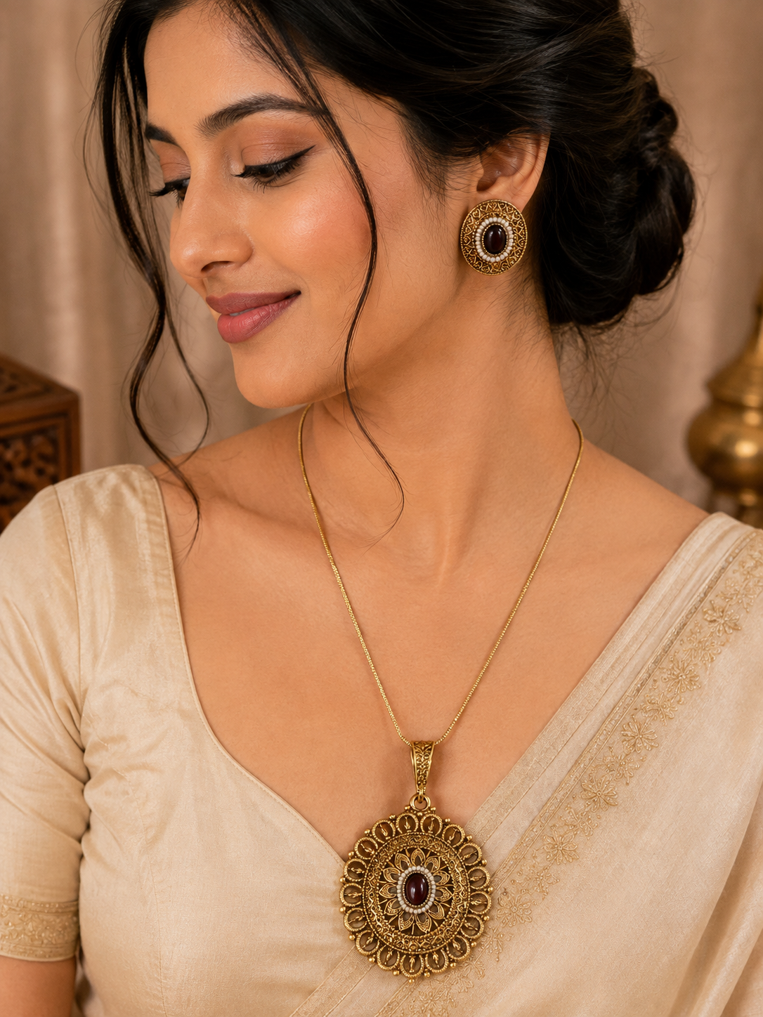 Antique Filigree Medallion Pendant & Stud Set