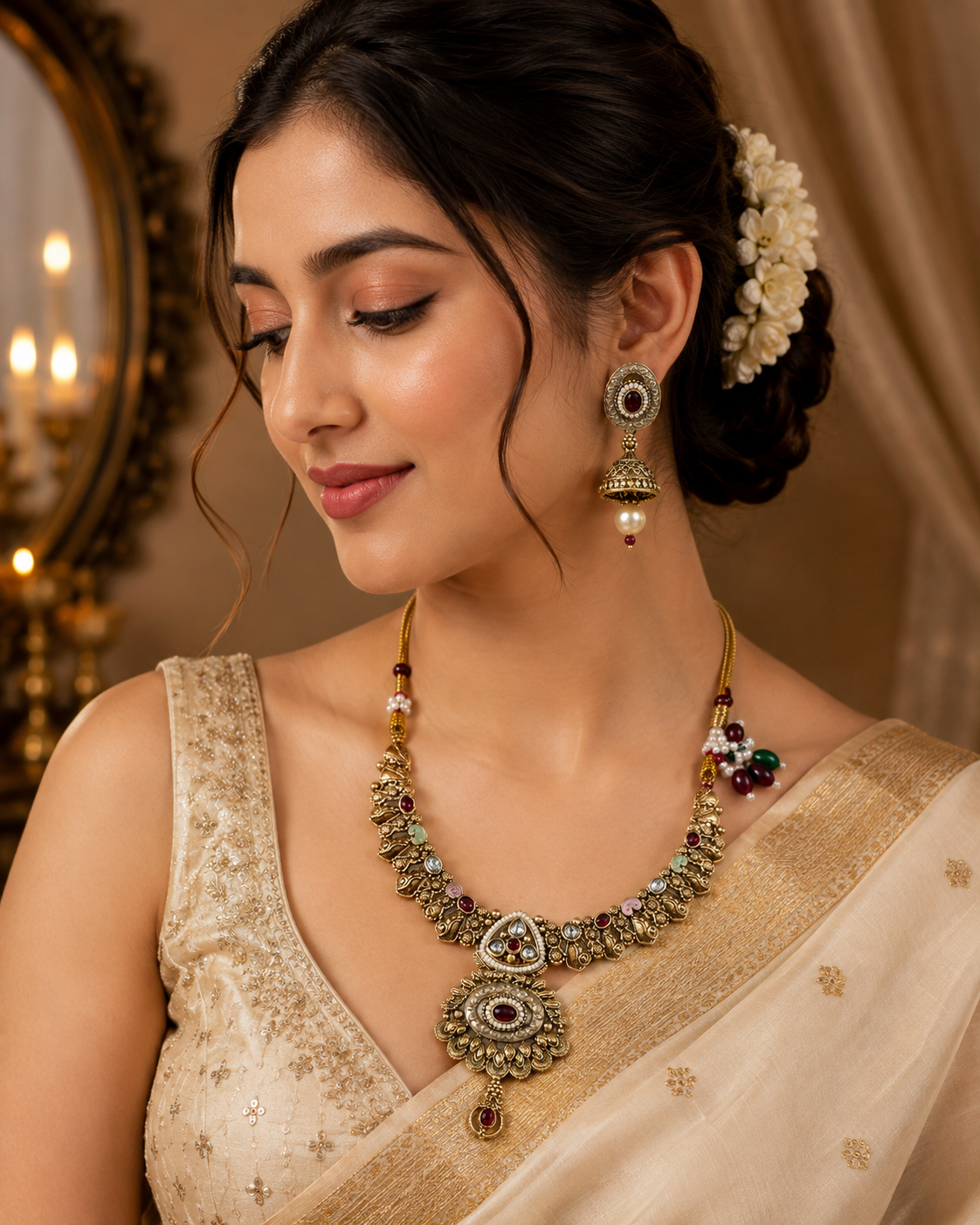 Antique Multicolor Temple Necklace & Jhumka Set